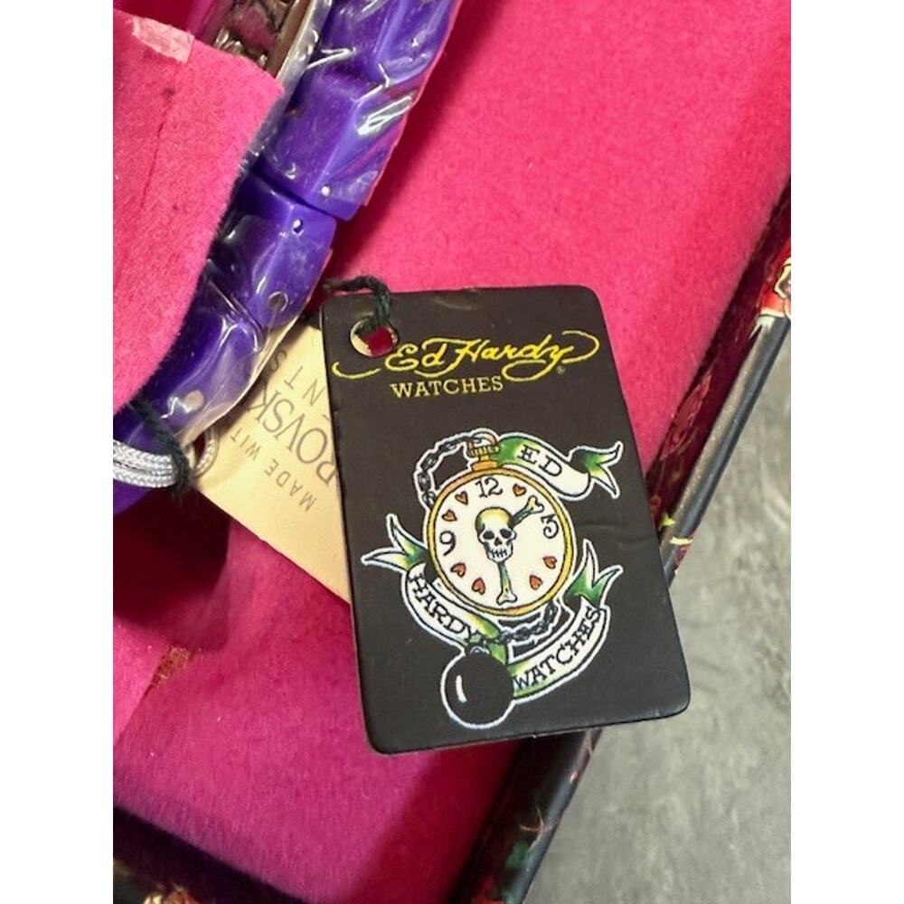 NEW Ed Hardy Women’s Swarovski Elements Crystals Floral Purple Band Watch - Picture 4 of 7